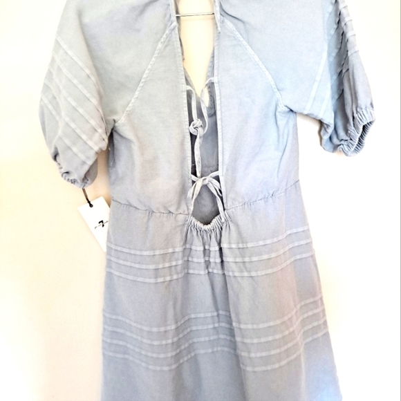 7 For All Mankind Light Wash Denim Back Tie Puff Sleeve Babydoll Mini-Dress - Picture 6 of 10